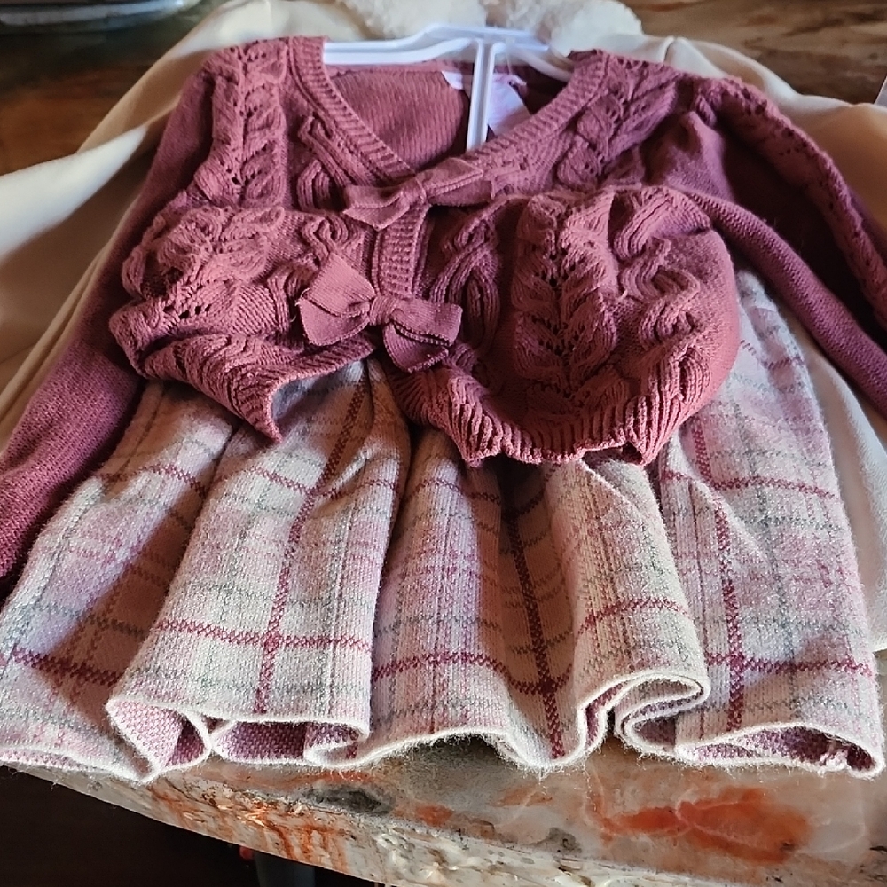 Tommy Bahama Pink Sweater and Plaid Skirt Set With Coat And Purse